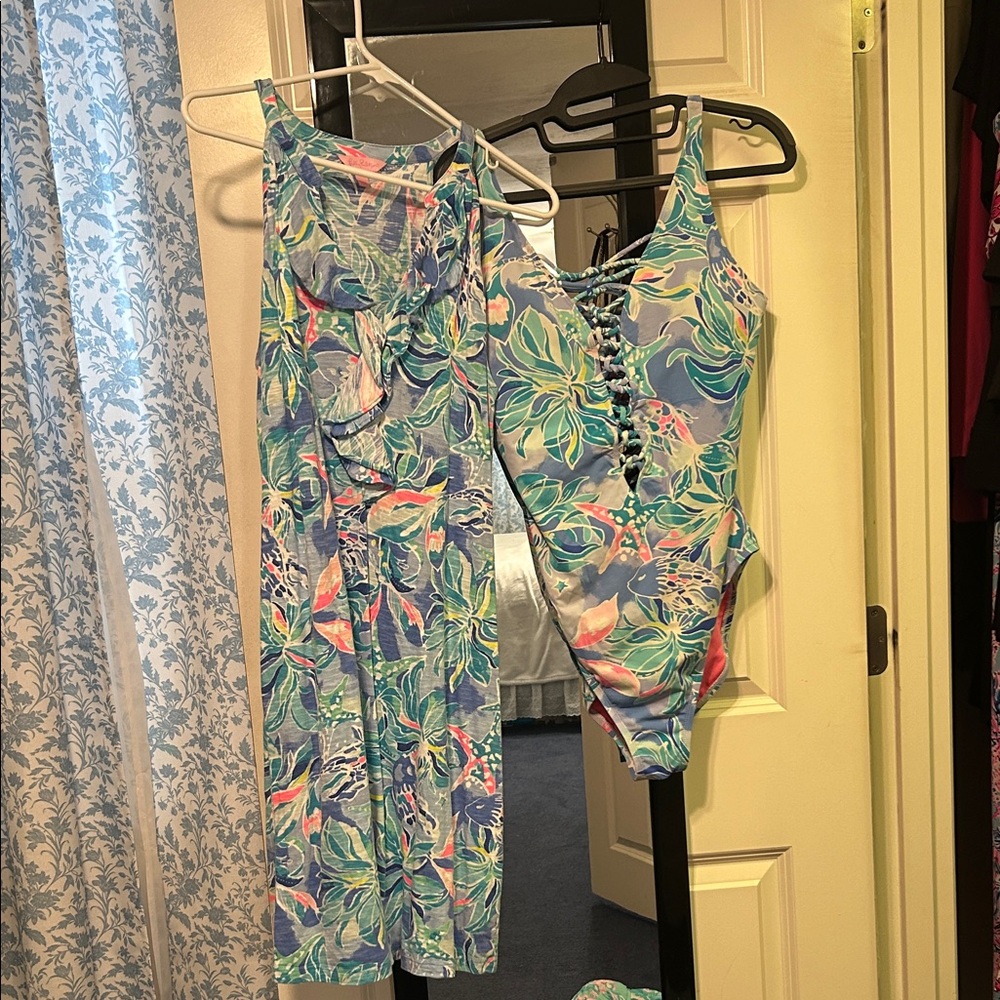 Lilly Pulitzer isle lattice swimsuit with matching Shay cover up.